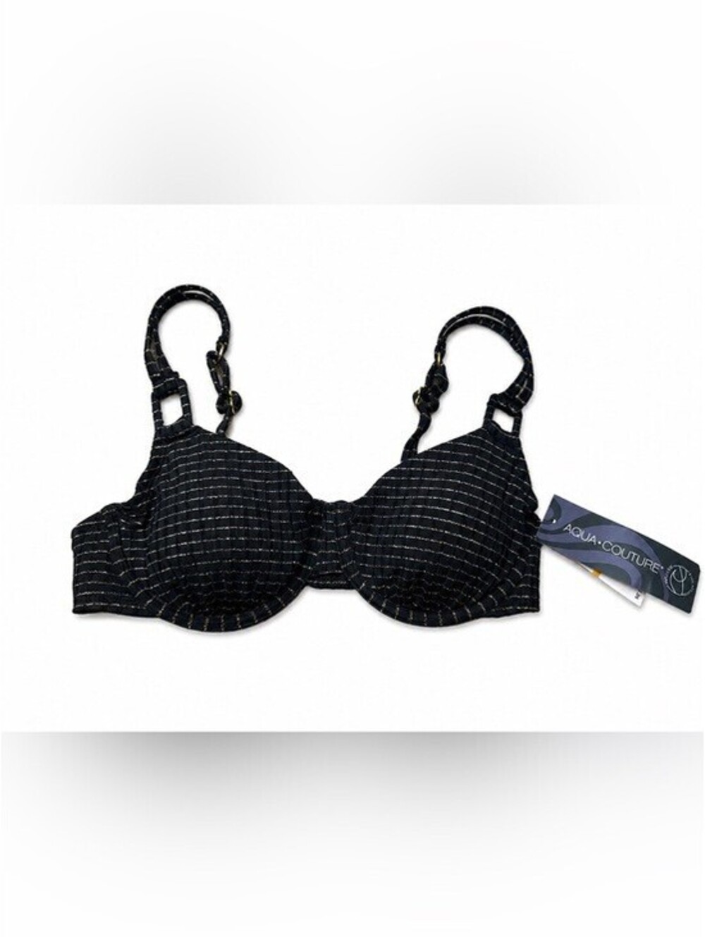 Aqua Couture NWT Black Gold Metallic Stripe Underwire Ring Bikini Top Small